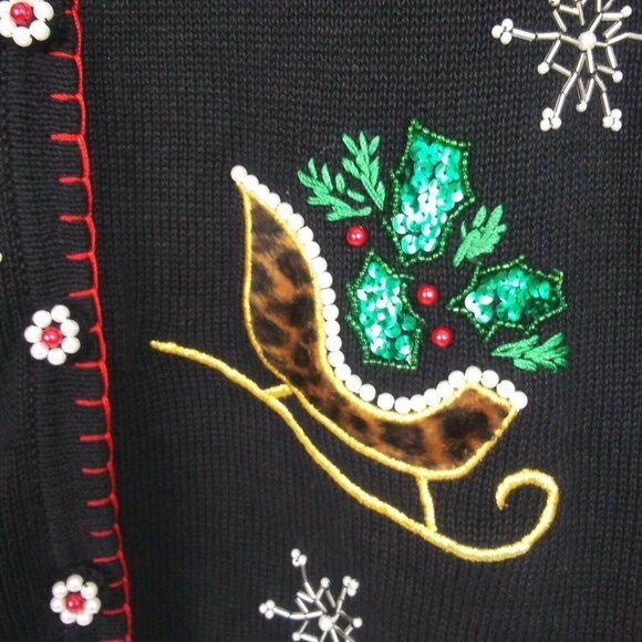 Vtg Christmas Cardigan Sweater Black Beaded BP Design L Grannycore Chic Holiday - Picture 5 of 12